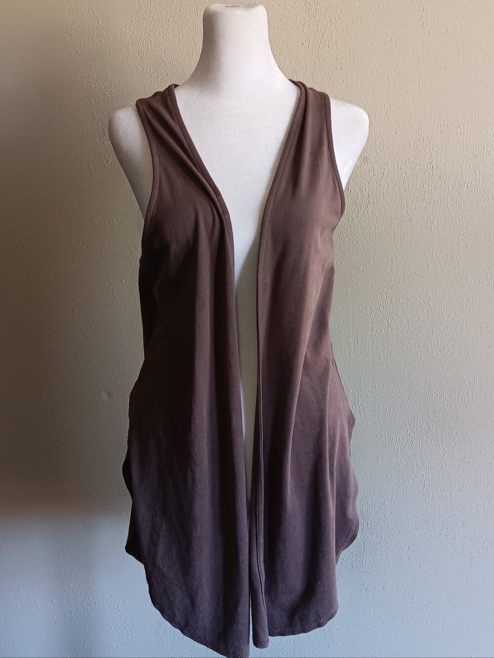 Boho Sleeveless Open Front Draped Brown Vest, Cato Size Small, Back Cut-Outs